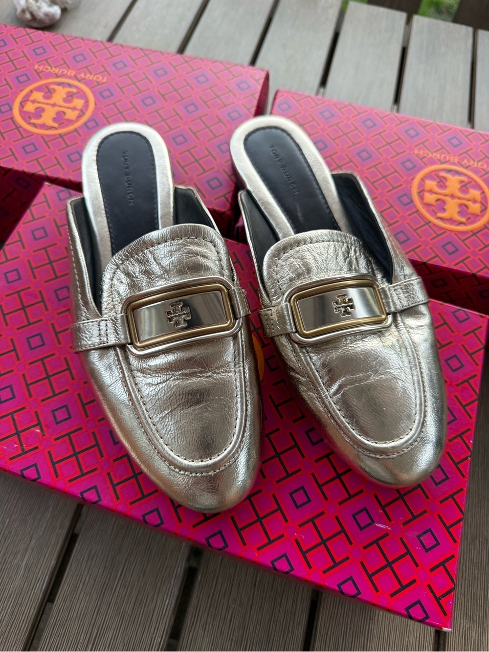 Tory Burch Ines Platform Espadrille Mule Loafers Metallic Gold Leather Size 7